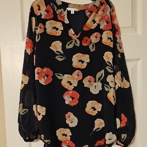 CAbi Navy Floral Scoop Neck Top with Coral and Cream Accents